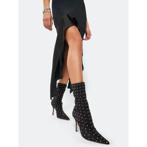 Paris Texas Crystal Embellished Black Suede Ankle Boots 37.5 Glam Stiletto Heels